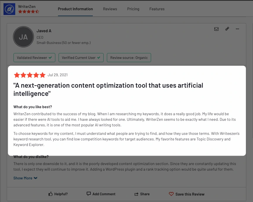 WriterZen 5-star customer review on G2